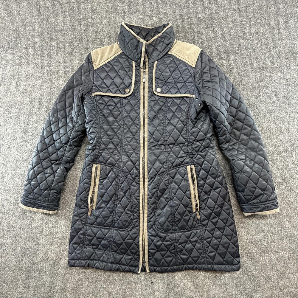 Vince Camuto Coat Womens Large Blue Quilted Mid Length Zip Pockets Contrast Trim